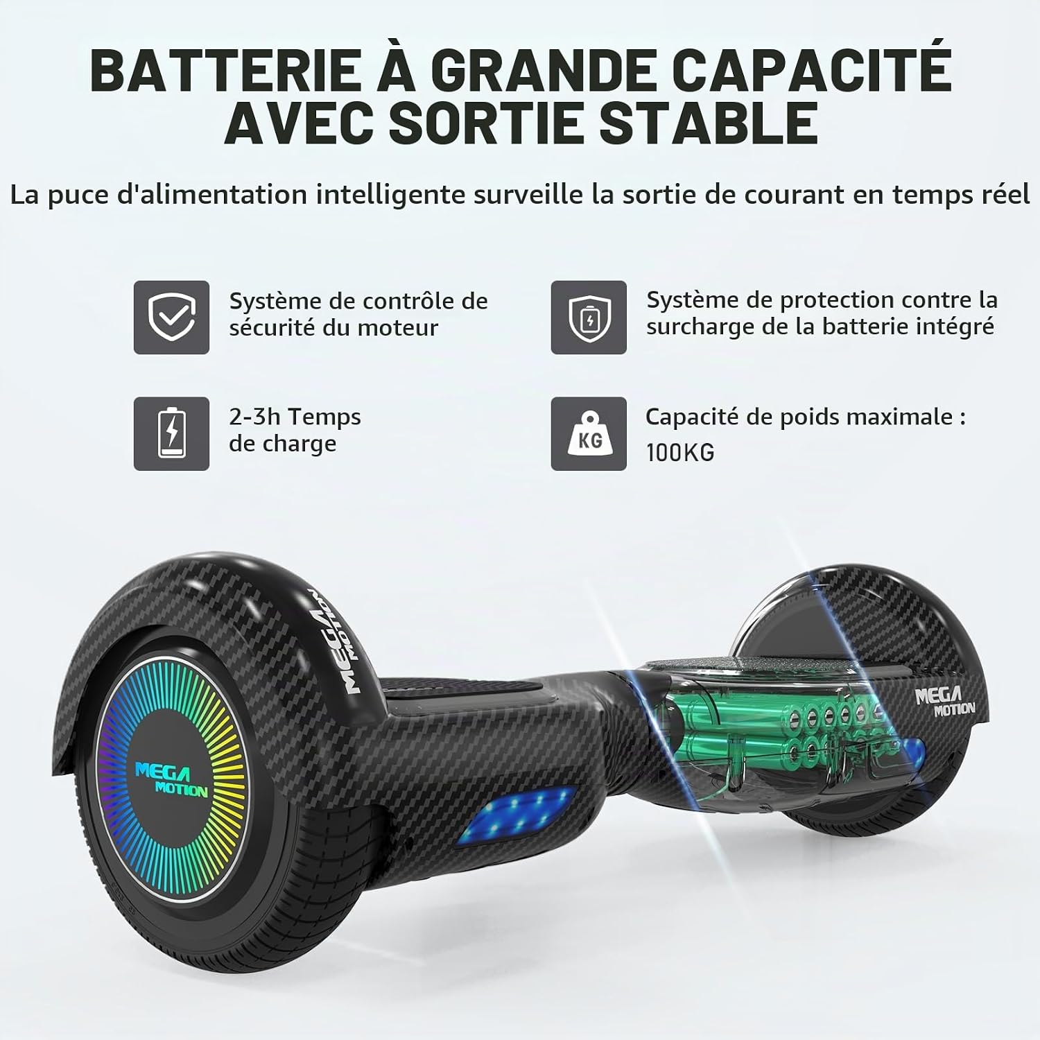 MEGA MOTION Hoverboard, Hoverboards à Deux Roues de 6,5 Pouces avec Haut-Parleur Bluetooth, avec Lumières LED colorées, Cadeau pour Enfants et Adolescents Noir