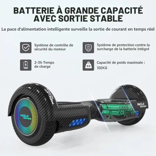 MEGA MOTION Hoverboard, Hoverboards à Deux Roues de 6,5 Pouces avec Haut-Parleur Bluetooth, avec Lumières LED colorées, Cadeau pour Enfants et Adolescents Noir