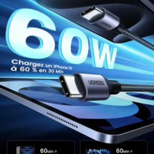 Avis UGREEN Câble USB C vers USB C 60W 3M : le long câble costaud pour la charge rapide
