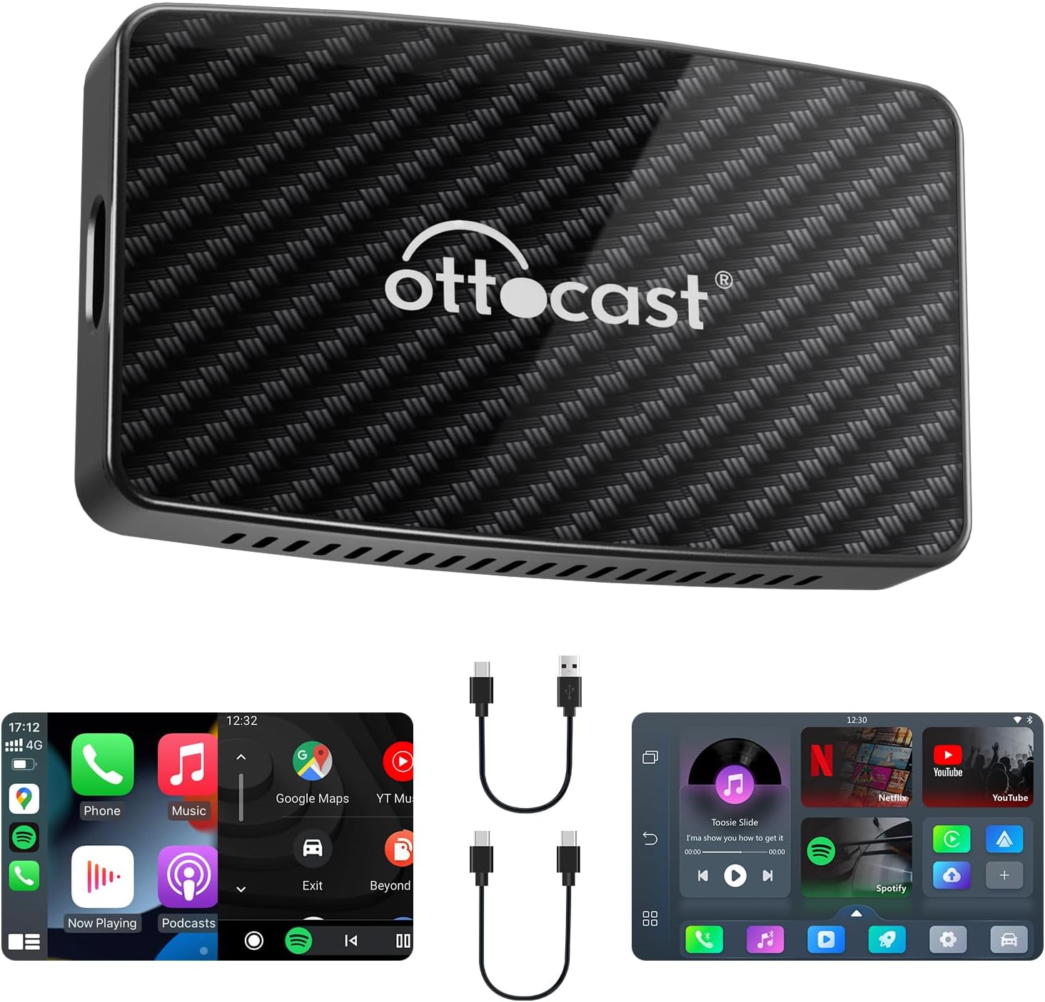 OTTOCAST Play2video Pro, Adaptateur CarPlay & Android Auto sans Fil Carplay AI Box Adaptateur Vidéo Multimédia Youtube Netflix Intégré clé USB pour Voitures avec CarPlay Filaire Fabriqué Après 2016