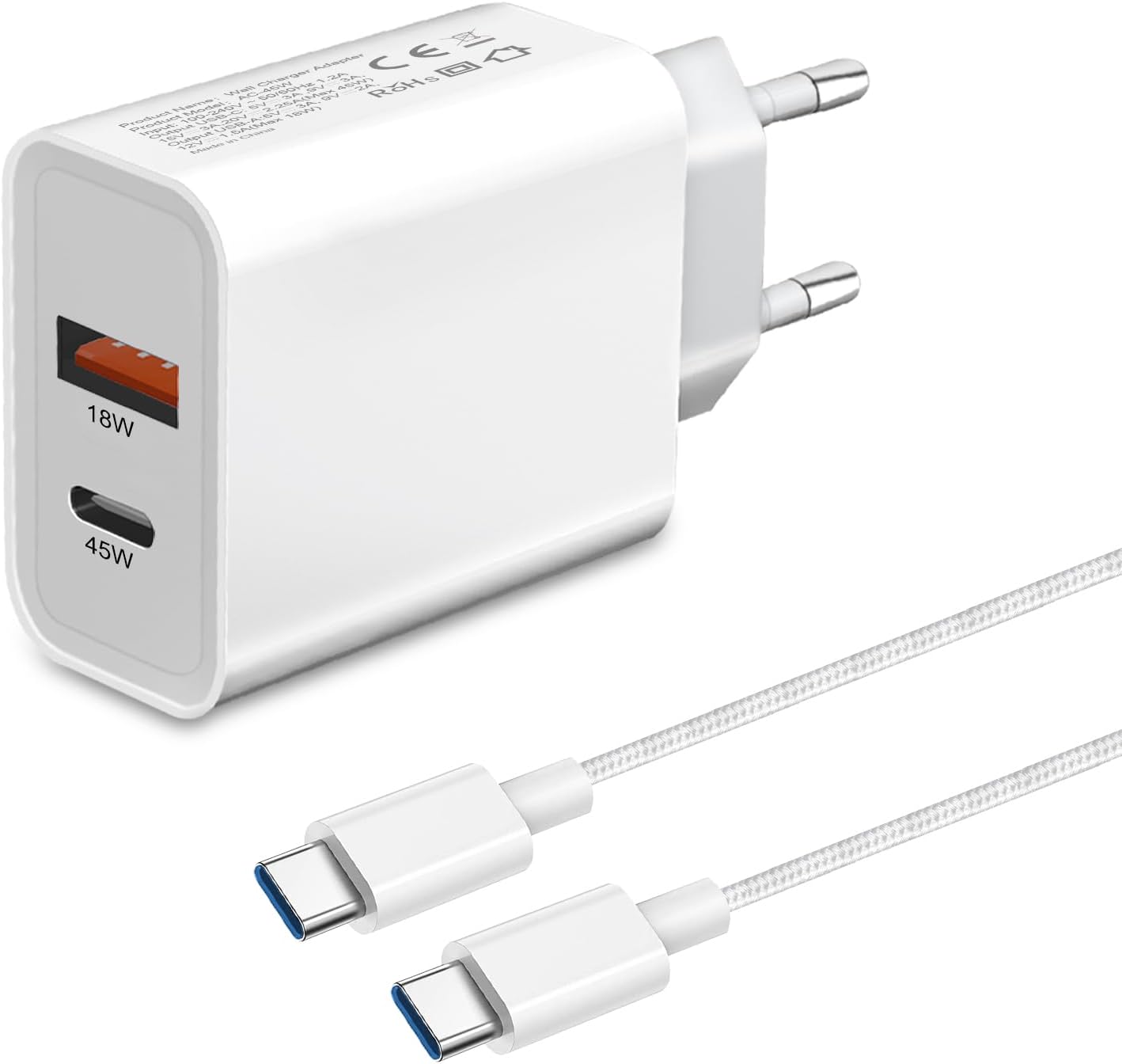 Chargeur Rapide USB C 45W avec Cable pour Samsung Galaxy S25 Ultra/S24 Plus/S24 Ultra/S23 FE/S22 S21 S20,Z Fold 4 5 6 A55 A56 A35 A54 A53 5G A25 A34 A15 A16 iPhone 15 16 Pro Prise Adaptateur Secteur