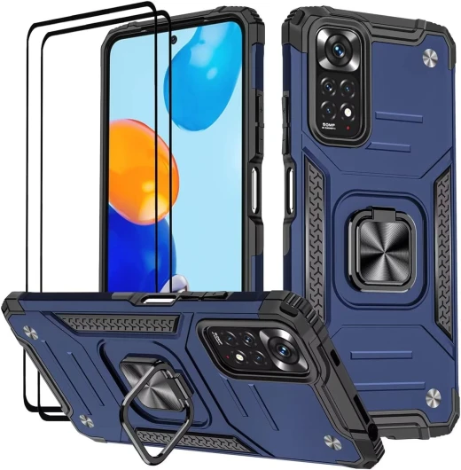 Coque pour Xiaomi Redmi Note 11 Pro/Note 11 Pro 5G, Verre Trempé [2 Pièces] + Housse TPU Silicone Rotation 360° Aimant Anneau Support Double Défense Protection Etui - Bleu Redmi Note 11 Pro / Note 11 Pro 5G Bleu
