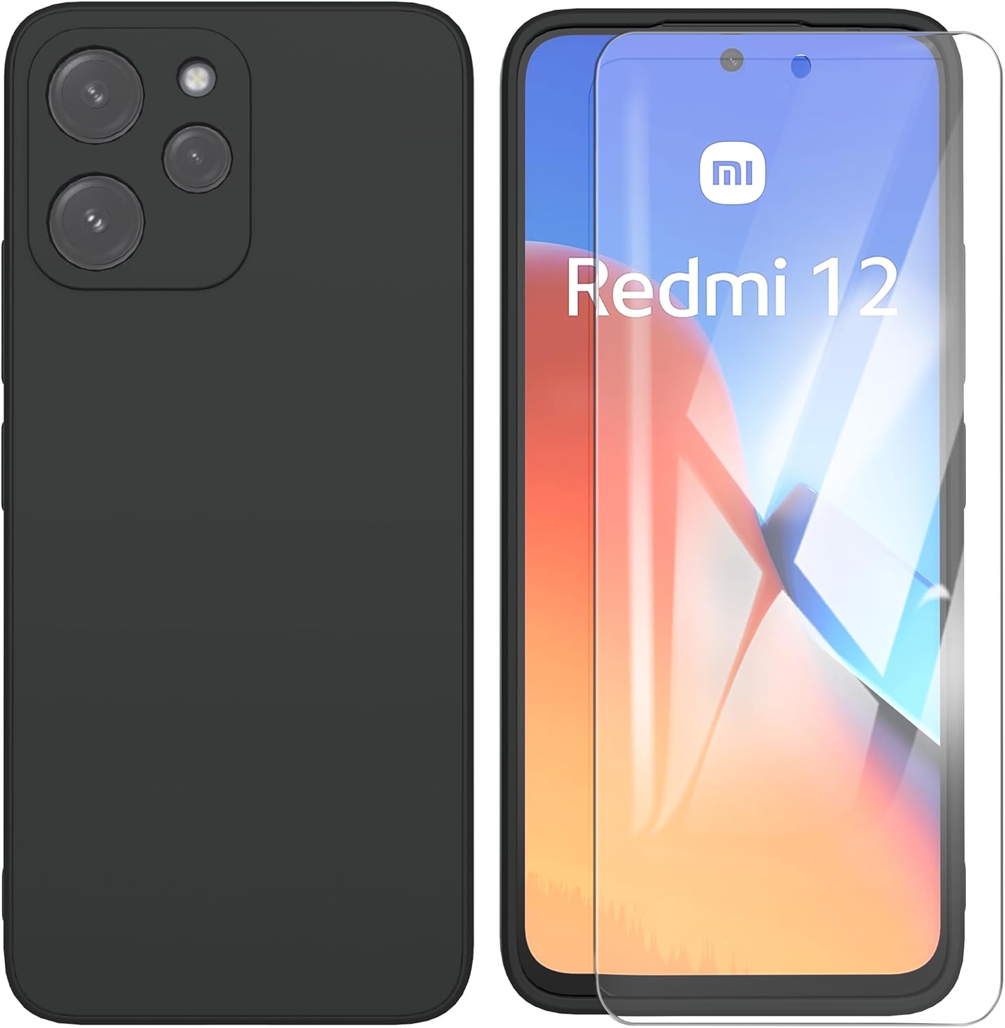 Coque pour Xiaomi Redmi 12 4G / 5G (6.79") avec Film Protection écran en Verre trempé,Etui de Protection Antichoc Housse Ultra Premium TPU Silicone Liquide Flexible Case - Noir