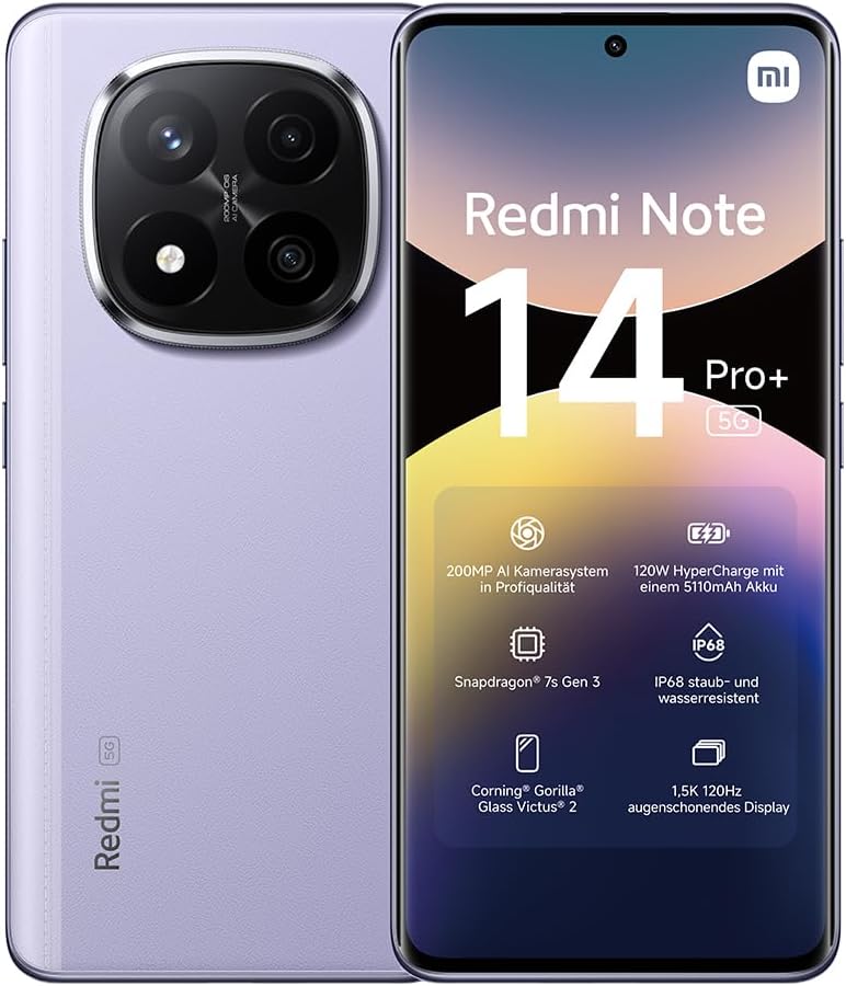 Smartphone Xiaomi Redmi Note 14 Pro+ 5G, 12+512GB, violet, appareil photo IA pro-grade 200MP, IP68, 120W HyperCharge, fonctionnalités IA (pas de chargeur inclus)(Version Française + 2 Ans de Garantie)