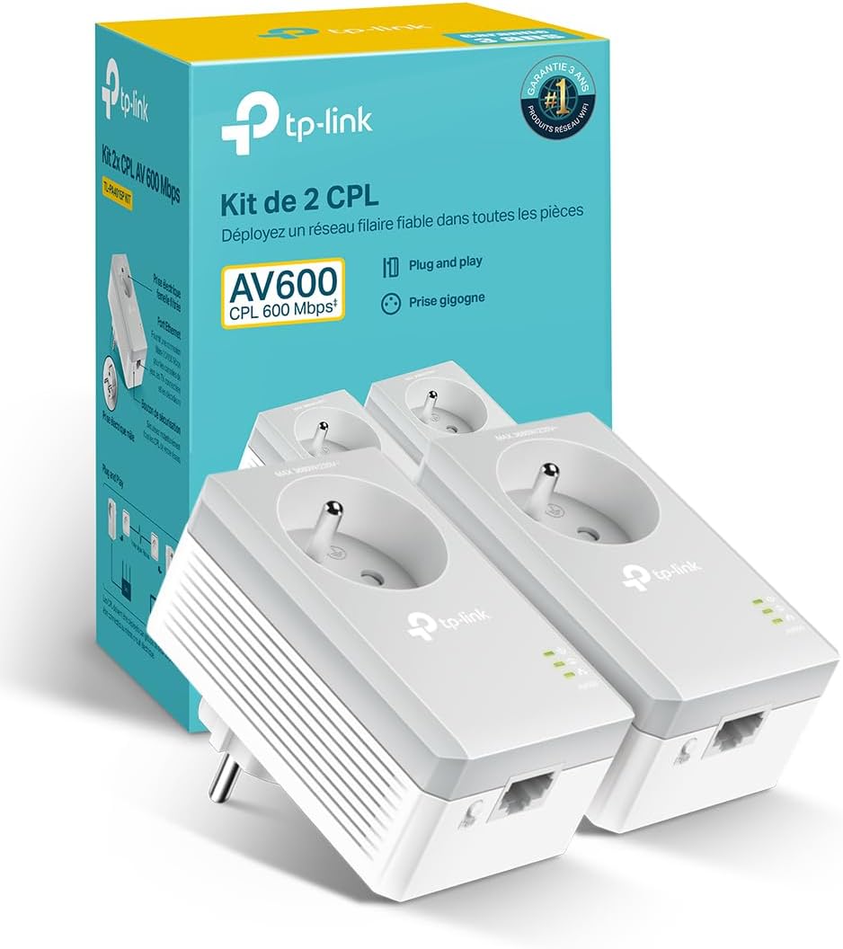 TP-Link TL-PA4015P KIT(FR) Prise CPL 600Mbps, Homeplug AV2 600Mbps, Prise de Courant Intégrée, Boitier CPL, Brancher et Utiliser, Port Ethernet, CPL Fibre, OneMesh, Pas de Nouveaux Fils ni Perçage