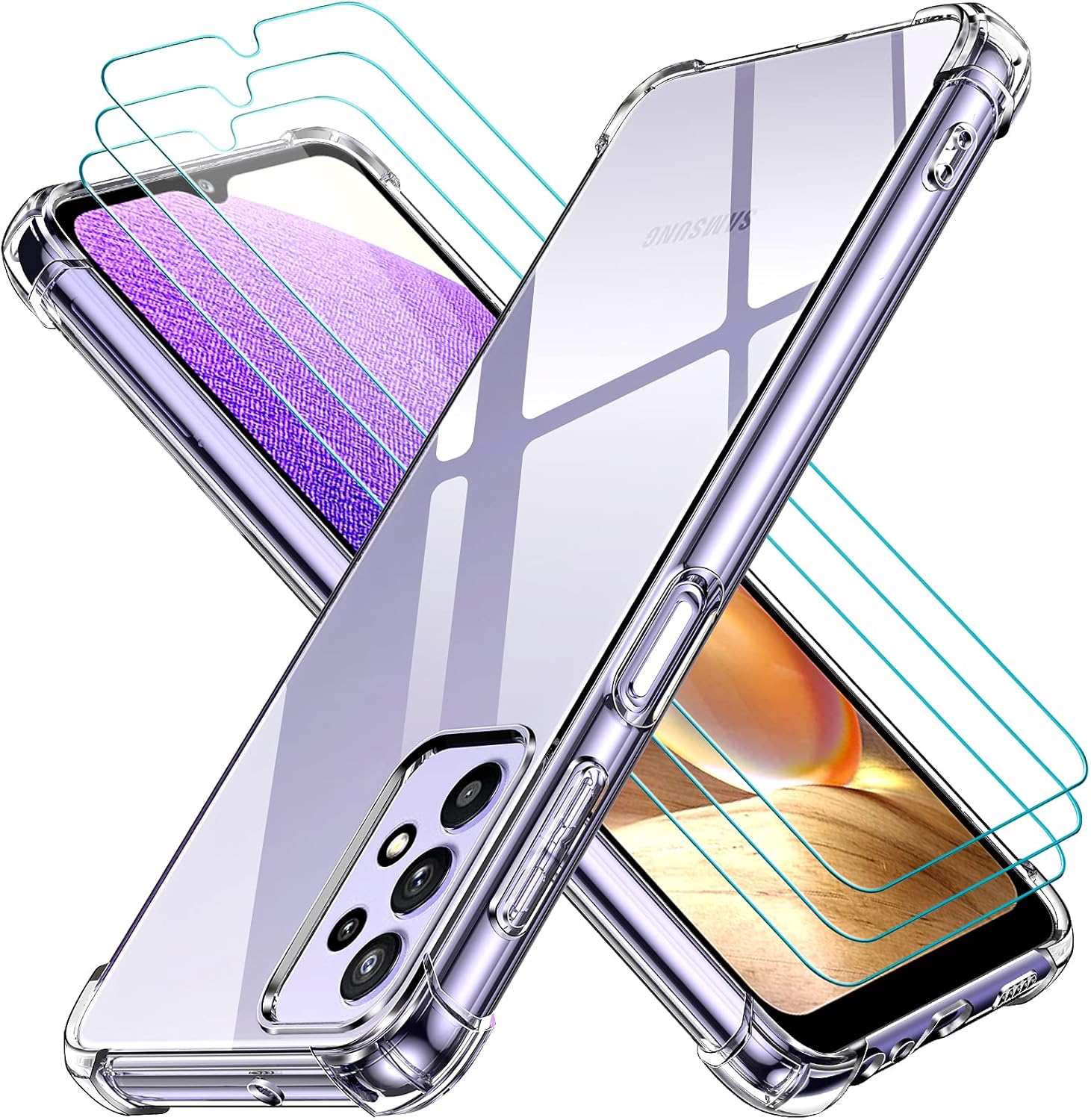 Coque pour Samsung Galaxy A32 5G (Pas pour Samsung A32 4G) avec 3 Pièces Protection Écran en Verre Trempé, Transparent Étui de Protection en Silicone Antichoc, Mince Souple TPU Bumper Housse