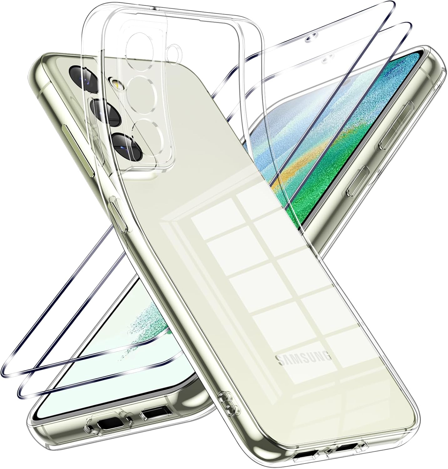 Viojrlra Coque pour Samsung Galaxy S21 FE 5G avec 2 Pièces Verre Trempé Protection écran，Housse Etui Transparente Silicone en TPU Souple，Antichoc Anti-Rayures Bumper Coque pour Samsung S21 FE