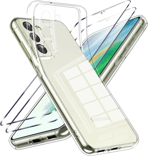 Viojrlra Coque pour Samsung Galaxy S21 FE 5G avec 2 Pièces Verre Trempé Protection écran,Housse Etui Transparente Silicone en TPU Souple,Antichoc Anti-Rayures Bumper Coque pour Samsung S21 FE