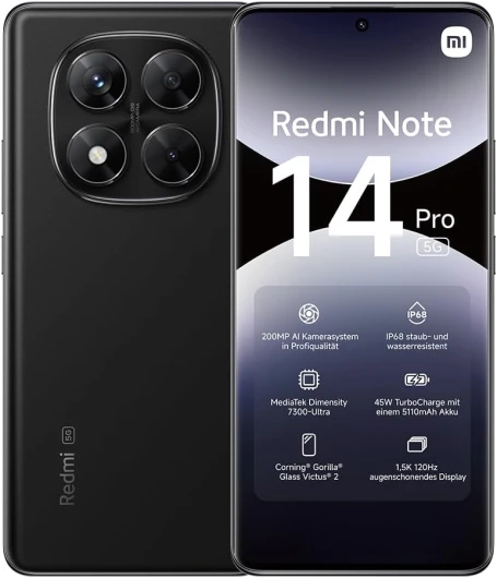 Smartphone Redmi Note 14 Pro 5G,8+256GB,Noir,Caméra IA prograde 200MP,IP68,Charge Turbo 45W avec Batterie 5110mAh,fonctionnalités IA (Chargeur Non Inclus,Version Française+2Ans de Garantie)