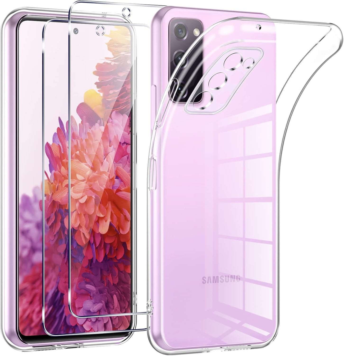 Phoona Coque pour Samsung Galaxy S20 FE 4G/5G avec 2 Pièces Protection Écran en Verre Trempé,Ultra Transparente Silicone en Gel TPU Souple pour Samsung S20 FE Couqe,Antichoc Anti-Jaune Etui Bumper