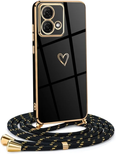 Mkej Coque pour Motorola Moto G84 5G avec Cordon de Collier, Coque avec Cordon Motif Coeur d'amour TPU Housse, Collier RéglableTéléphone Portable Lanyard Case Motorola Moto G84 5G, Or Noir