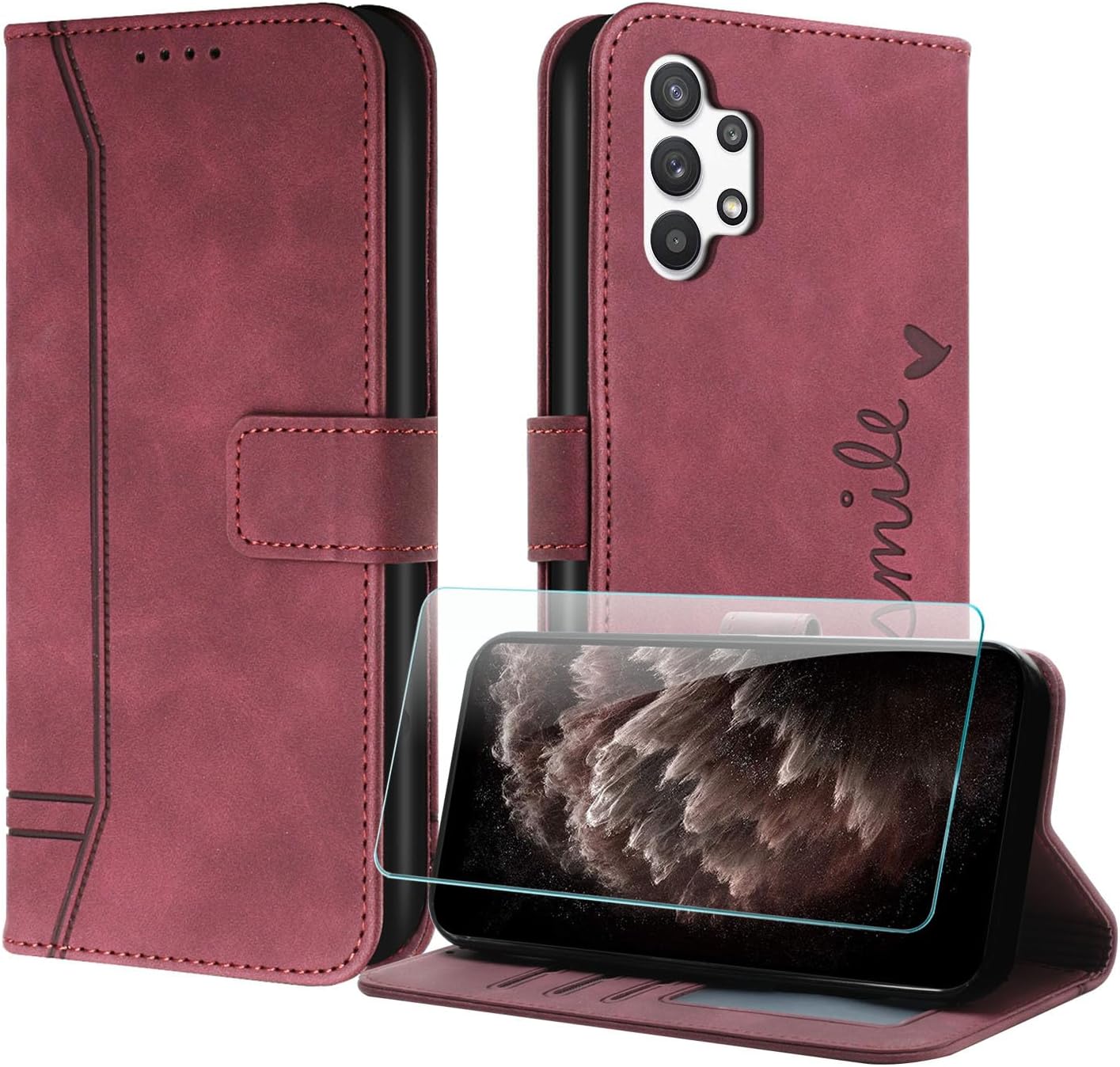 Coque pour Samsung Galaxy A32 5G avec Protection écran, Étuis Rabat Folio Housse Cuir Portefeuille [Emplacements Cartes] Magnétique Support pour Galaxy A32 5G - Rouge