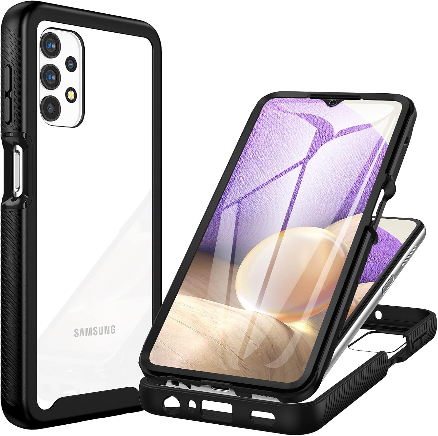Coque Samsung A32 5G, Antichoc Housse avec Protection d'écran, 360° Protégé Téléphone Etui Double Face Case Robuste Transparent Portable Intégrale Coque pour Samsung Galaxy A32 5G - Noir