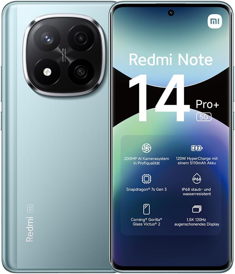 Smartphone Redmi Note 14 Pro+ 5G, 12+512 GB, Bleu, Appareil Photo IA Pro-Grade 200MP, IP68, 120W HyperCharge, fonctionnalités IA (Pas de Chargeur Inclus)(Version Française + 2 Ans de Garantie)