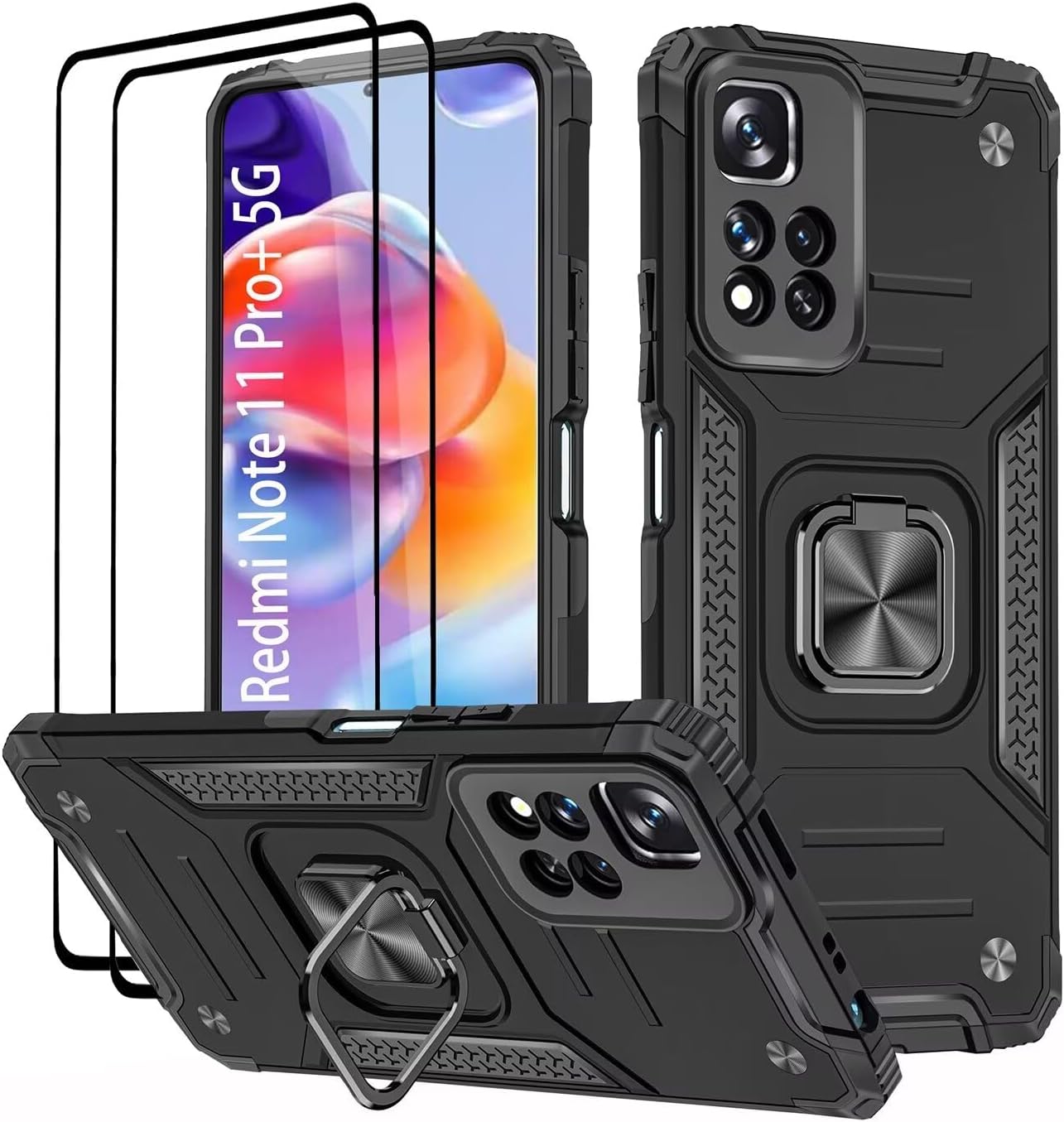 Coque pour Xiaomi Redmi Note 11 Pro Plus/Redmi Note 11 Pro+, Verre Trempé [2 Pièces] + Housse TPU Silicone Rotation 360° Aimant Anneau Support Double Défense Protection Etui - Noir Redmi Note 11 Pro Plus / Note 11 Pro+ Noir