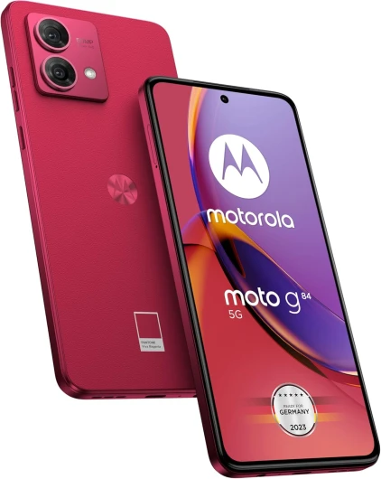 Moto g84 5G (écran 6,5" FHD+ + double caméra 50MP, 8/256Go, 5000mAh, Anroid 13) Viva Magenta avec étui de protection + adaptateur de voiture [exclusivement chez Amazon]