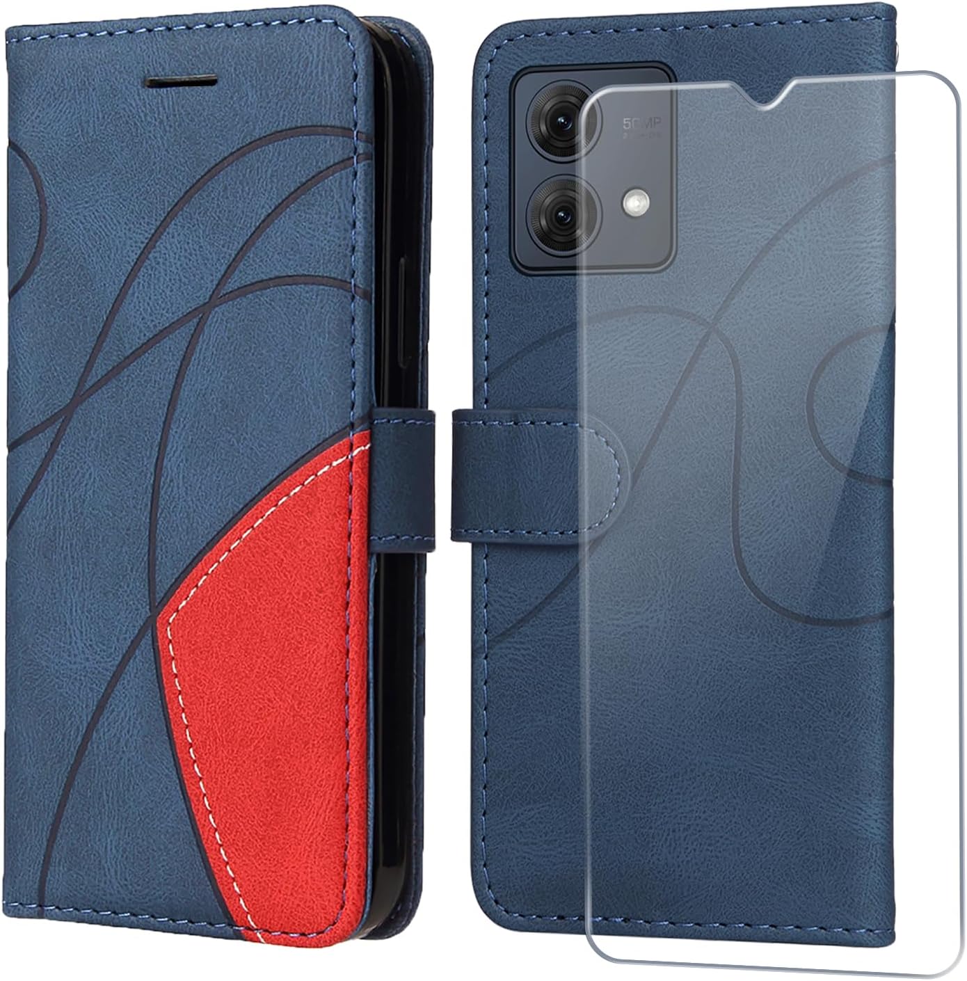 Coque pour Motorola Moto G84 5G avec 1 Pièces Verre Trempé, Premium PU Cuir Multifonction à Rabat Flip Antichoc Protection Housse Étui pour Motorola Moto G84 5G - Bleu