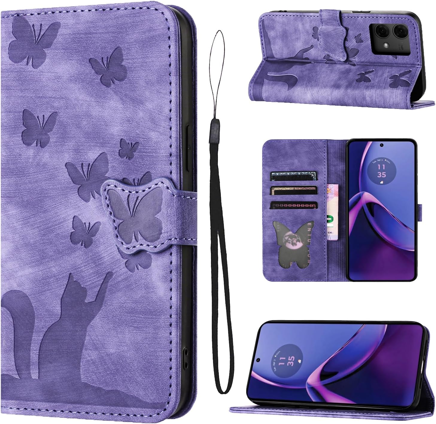 Housse Protection pour Motorola Moto G84 5G Matériau en Cuir PU Coque Moto G84 avec Fentes pour Cartes Étui Motif Papillon Chat Coque Motorola G84 Violet Motorola Moto G84 Violet