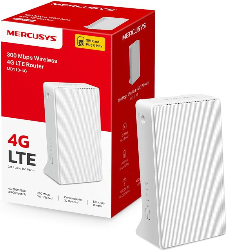 MERCUSYS MB110-4G TP-Link Routeur 4G WiFi N300Mbps, Box 4G SIM, 4G CAT4 Vitesse Jusqu'à 150Mbps, Configuration Facile, Clé 4G, Ports d'Antenne Externe 4G, Modem 4G, Déverrouillé Compatible Toute SIM