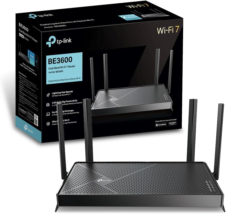 TP-Link Archer BE3600 Routeur WiFi 7, Routeur WiFi BE 3600 Mbps bi-Bande, 2 Ports 2.5G, 4 antennes à Haute Performance, EasyMesh, WPA3, Contrôle Parental, Antivirus intégré