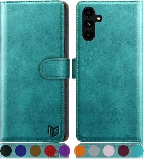 Etui Coque pour Samsung Galaxy A34 5G [RFID Blocage] [Magnétique Protection] Fentes pour Cartes Protection Etui Housse Premium en Cuir PU pour Samsung A34 Etui Portefeuille Bleu Vert