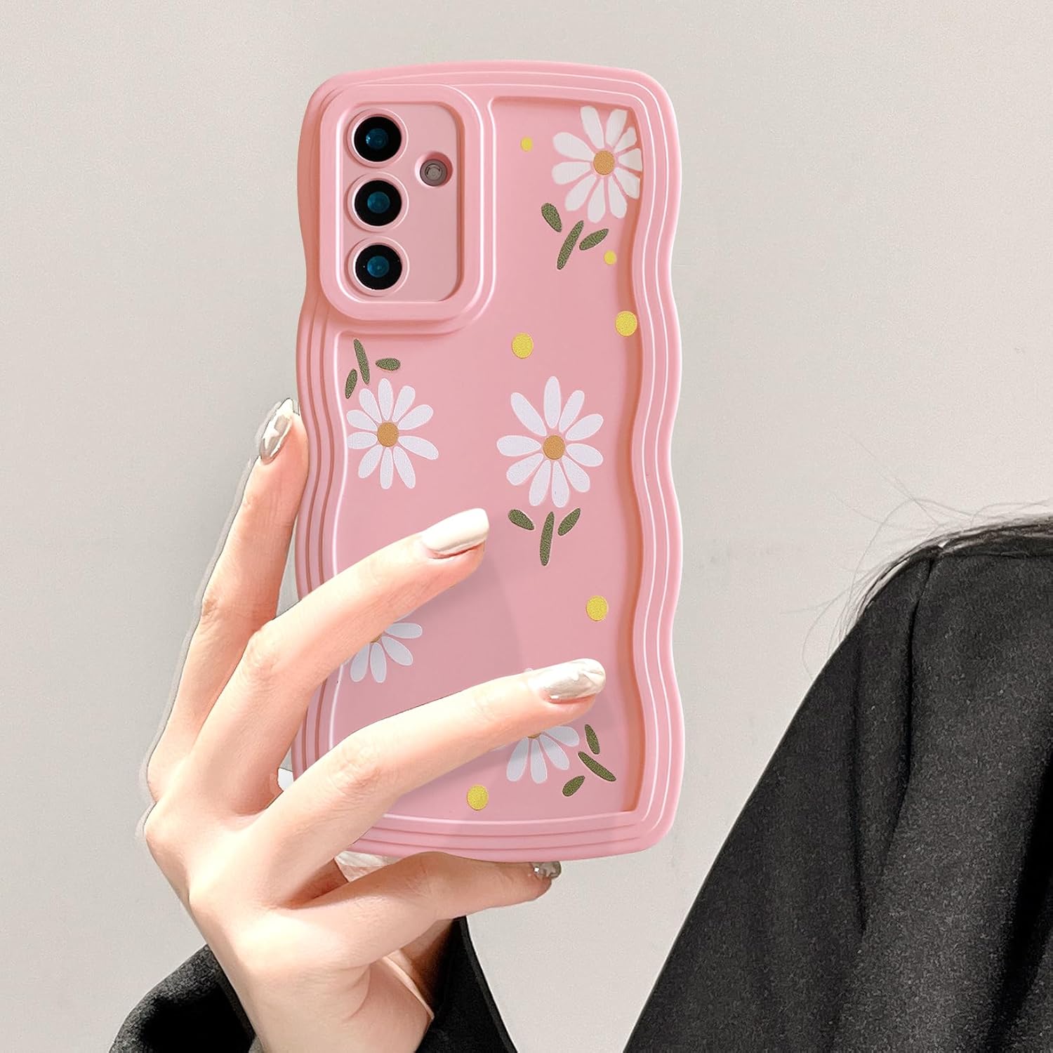 UEEBAI Coque pour Samsung Galaxy A34 5G, Wave Frame Marguerite Étui en Silicone Liquide, Housse de Téléphone en Motif de Daisy Fleur Antichoc Bumper Cover Case pour Filles Femme, Fleur Rose Samsung Galaxy A34 5G Fleur Rose