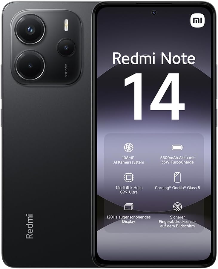 Smartphone Redmi Note 14,6+128GB,Noir,système de caméra IA 108MP,Batterie 5500mAh,écran de Soins oculIAres 120Hz,fonctionnalités IA (Chargeur Non Inclus)(Version Française+2 Ans de Garantie)