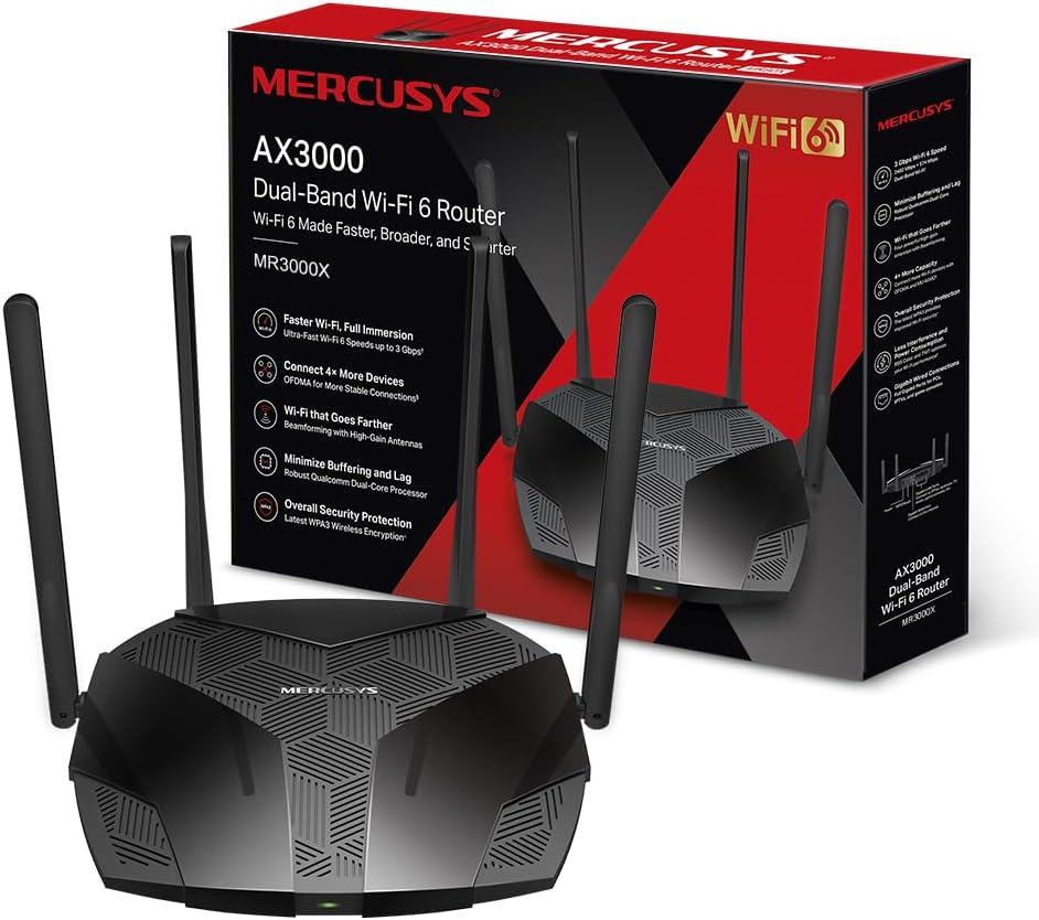 Mercusys Routeur WiFi 6 3000Mbps , Routeur WiFi Bi-Bande , 4 ports RJ45 Gigabit , 4 antennes 5dBi, MU-MIMO, WPA3, Connexion intelligente, Contrôle parental, Technologie BSS Color, MR3000X