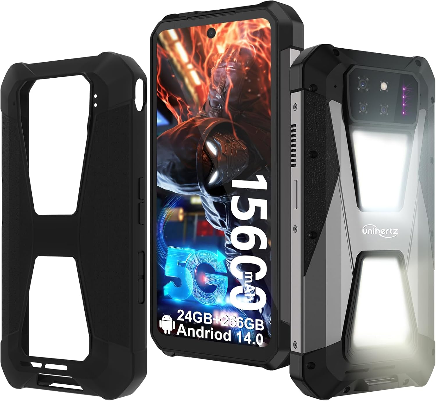 Unihertz Tank 3s Telephone Portable Incassable 2024, Android 14 5G Étanche Smartphones Incassable Téléphone avec Projecteur, 24GO+256GO(1To Extensible), 15600mAh/Double Lampe de Camping/OTG/GPS