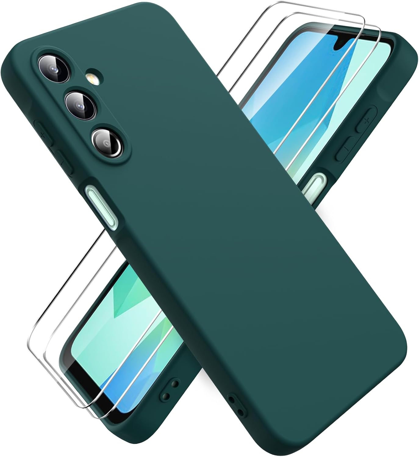 Coque pour Samsung Galaxy A16 4G/5G, avec 2 Pièces Protecteur D'écran en Verre Trempé, Housse Silicone Souple Ultra-Mince de Couleur Pure, Coque en Caoutchouc Antichoc - Vert Nuit