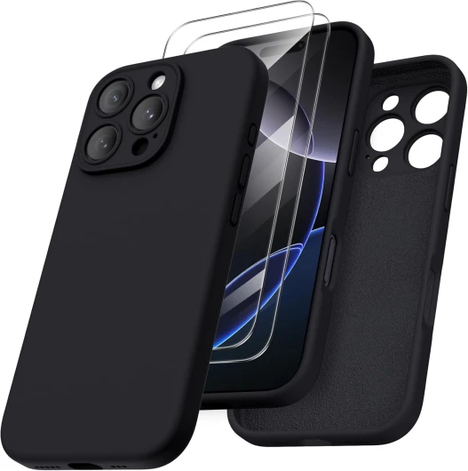 Coque pour iPhone 16 Pro, Housse Silicone avec 2 Verres Trempés, Étui Fine Compatible avec iPhone 16 Pro 6,3 Pouces, Case Souple Protection Complète, Cover Slim Fine (Noir)