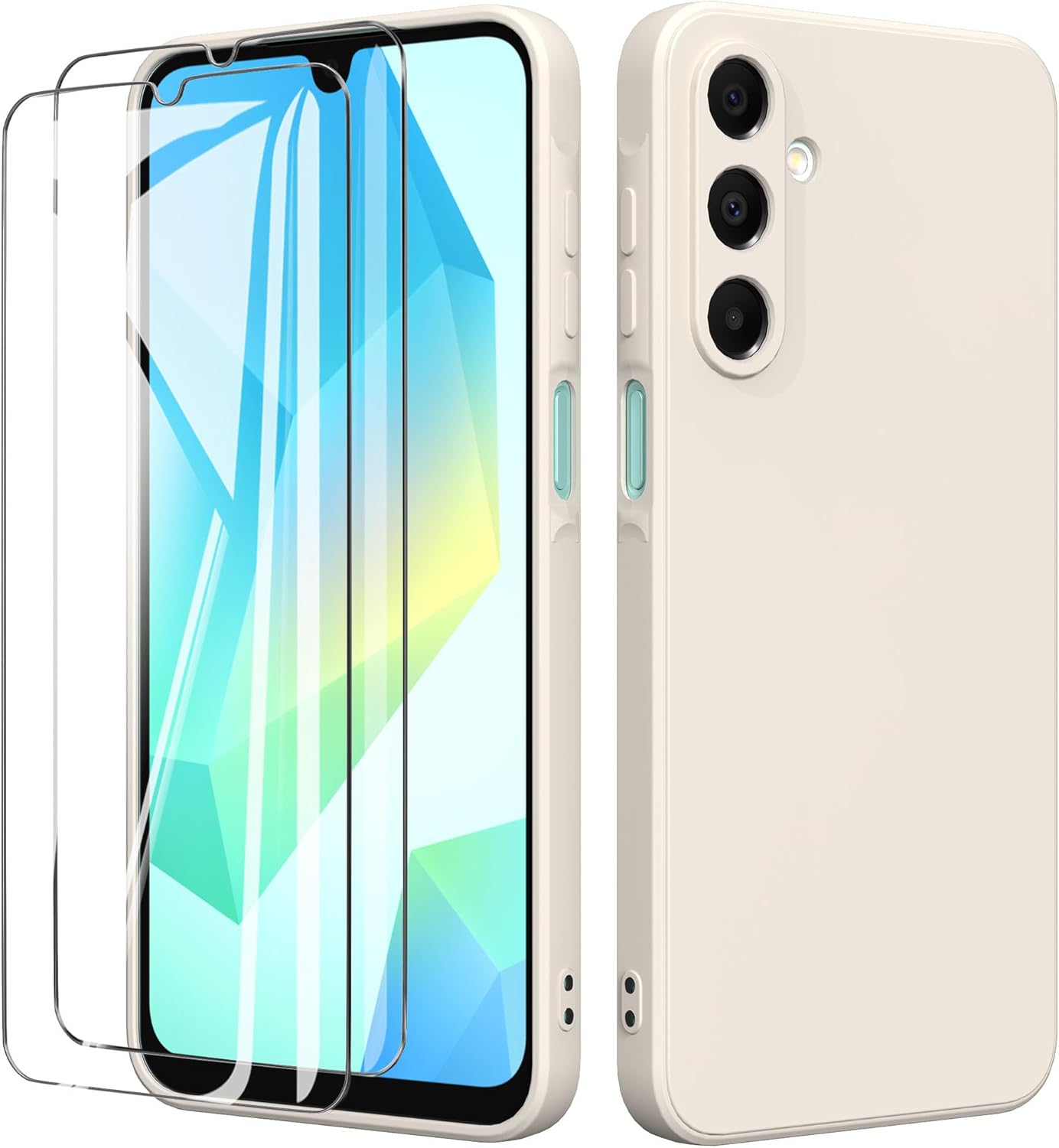 Coque pour Samsung Galaxy A16 5G / 4G (6.7") avec 2 Verre Trempé Protection écran,Housse Liquide Souple en Silicone TPU Antichoc Bumper Étuis Anti Rayures Case Cover - Beige