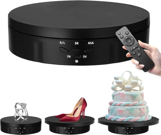 Plateau tournant électrique 3 en 1 rotatif à 360 degrés avec télécommande pour photographie, affichage de produit, bijoux, horloge, modèles 3D, objets de collection (noir)