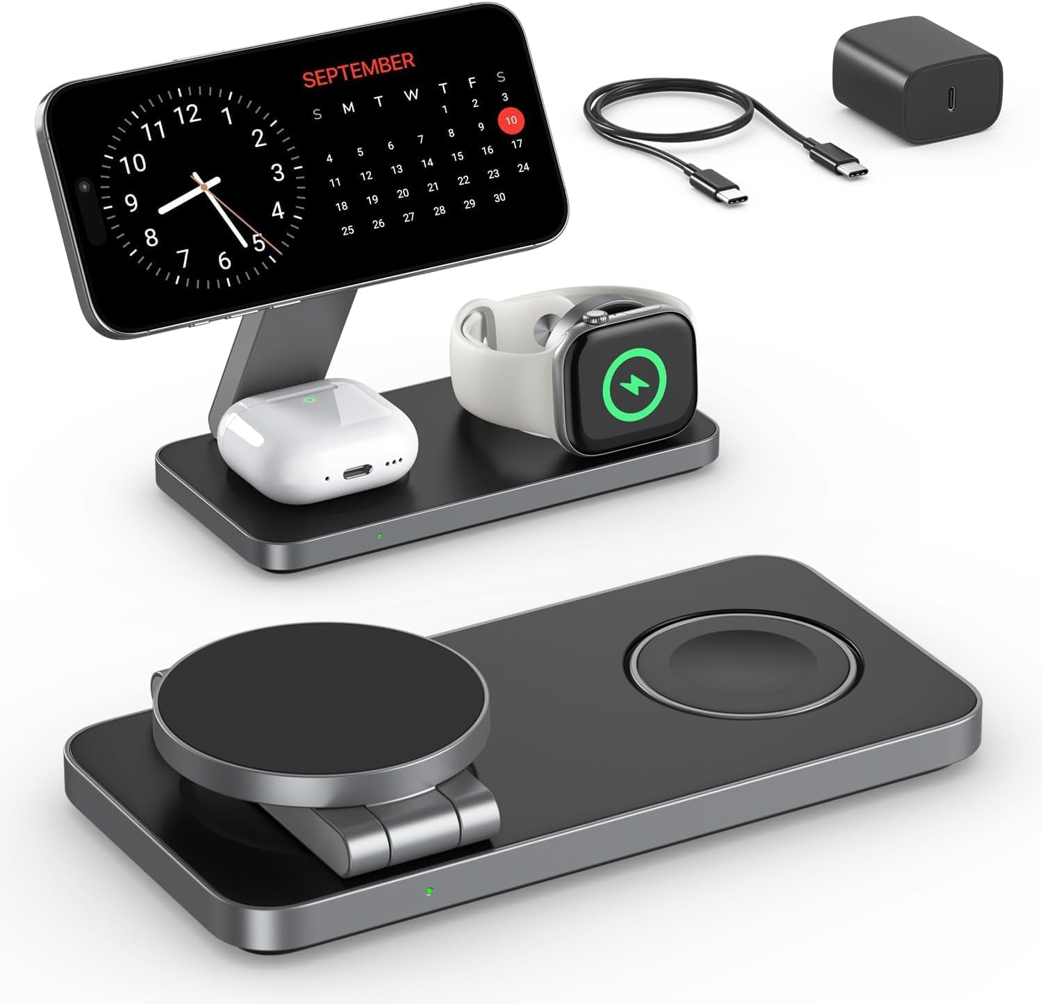 Chargeur sans Fil avec Mag-Safe, 3 en 1 Station de Charge pour Apple, Pliable Chargeur inductif sans Fil pour iPhone 16 15 14 13 12, Apple Watch, AirPods Pro avec Adaptateur Rapide Noir