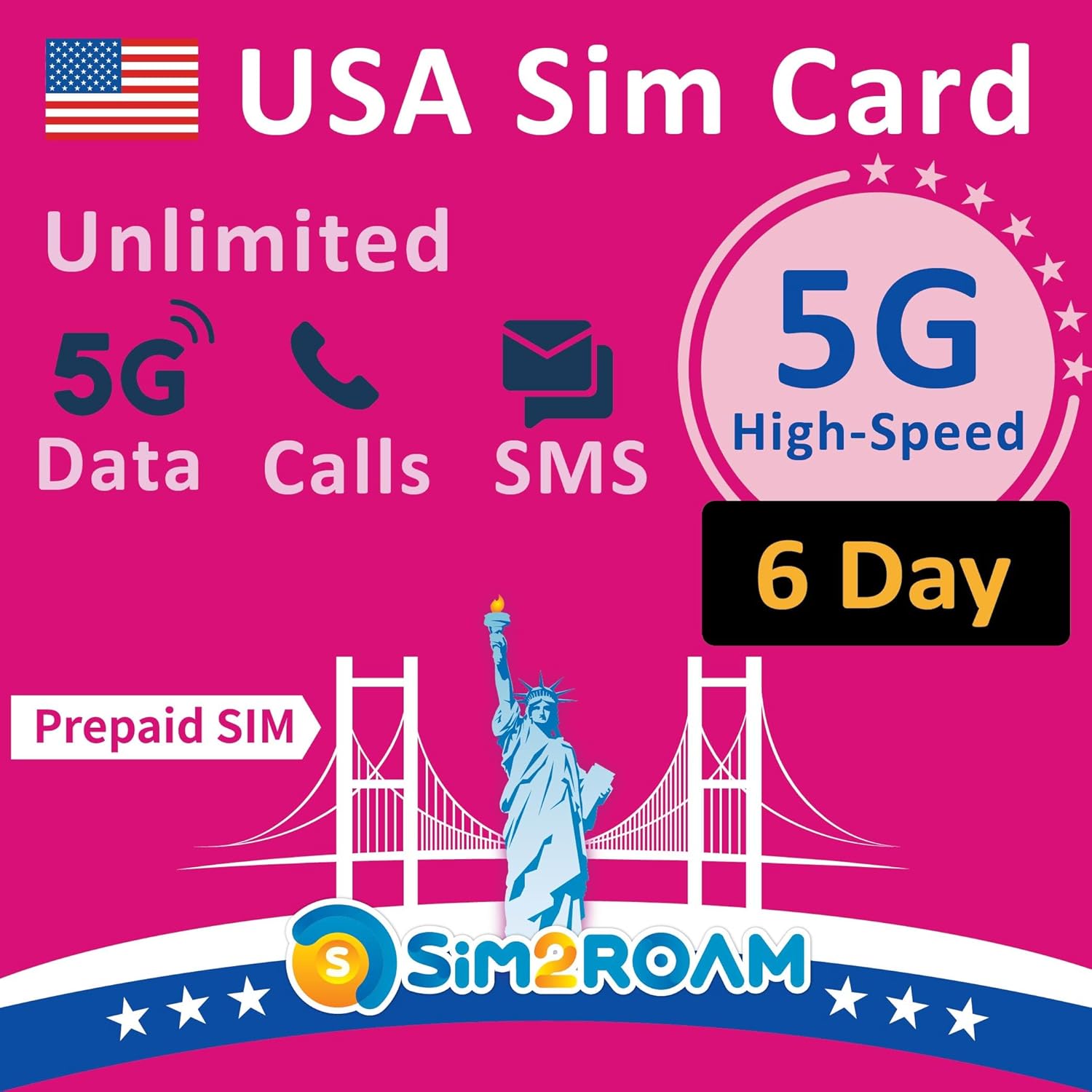 Carte SIM prépayée USA - Données Internet Haut débit 5G/4G LTE illimitées aux États-Unis (y Compris Hawaii) - Appels et SMS illimités aux États-Unis - Rechargeable ! (6 Jours) 6Days