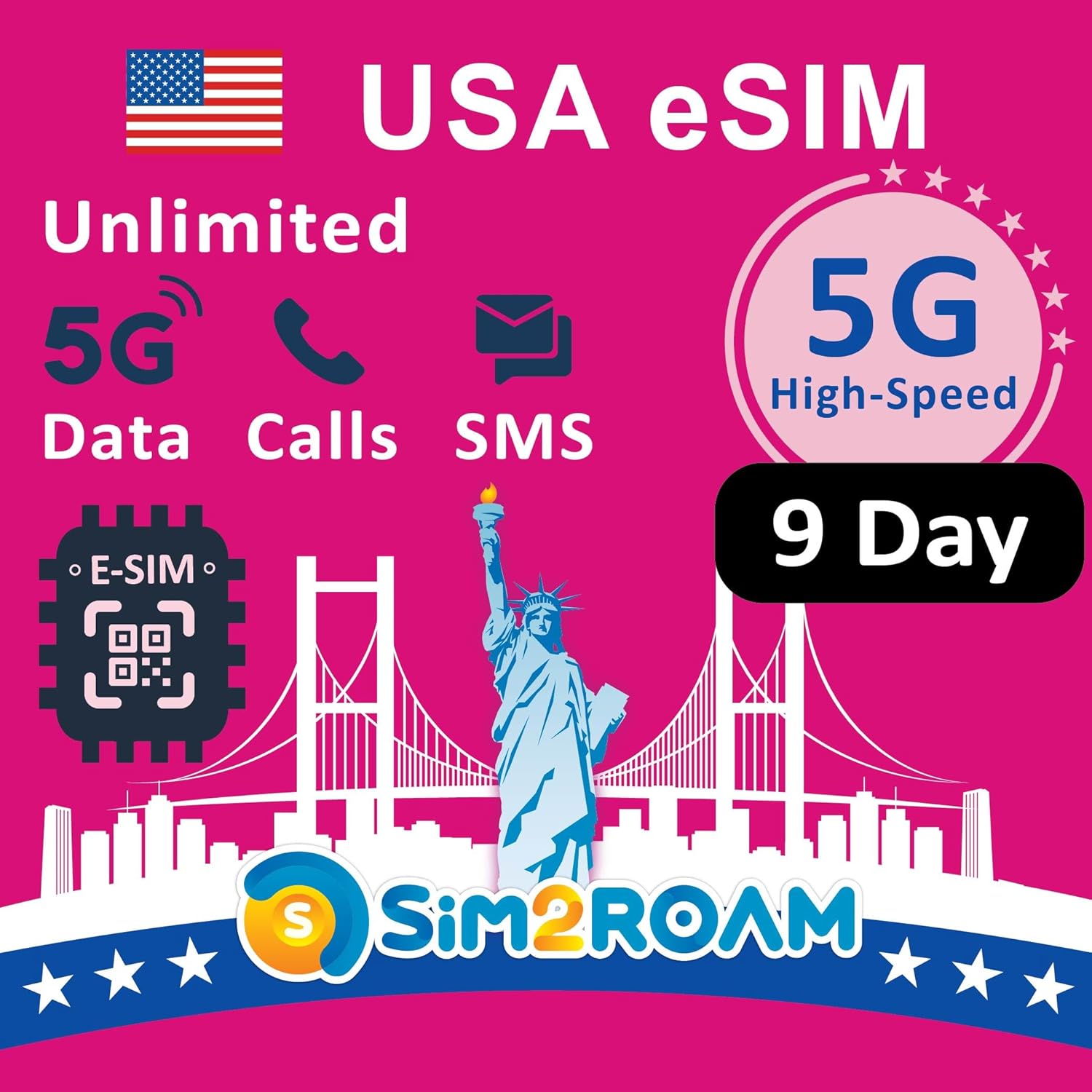 Carta eSIM prepagata USA-Dati Internet 5G/4G illimitati negli USA (Hawaii Inclus)+Dati a Bassa velocità in Canada e Messico-Chiamate e SMS illimitati tra USA, Canada e Messico-Ricaricabile (9 Jours) eSIM 9Days