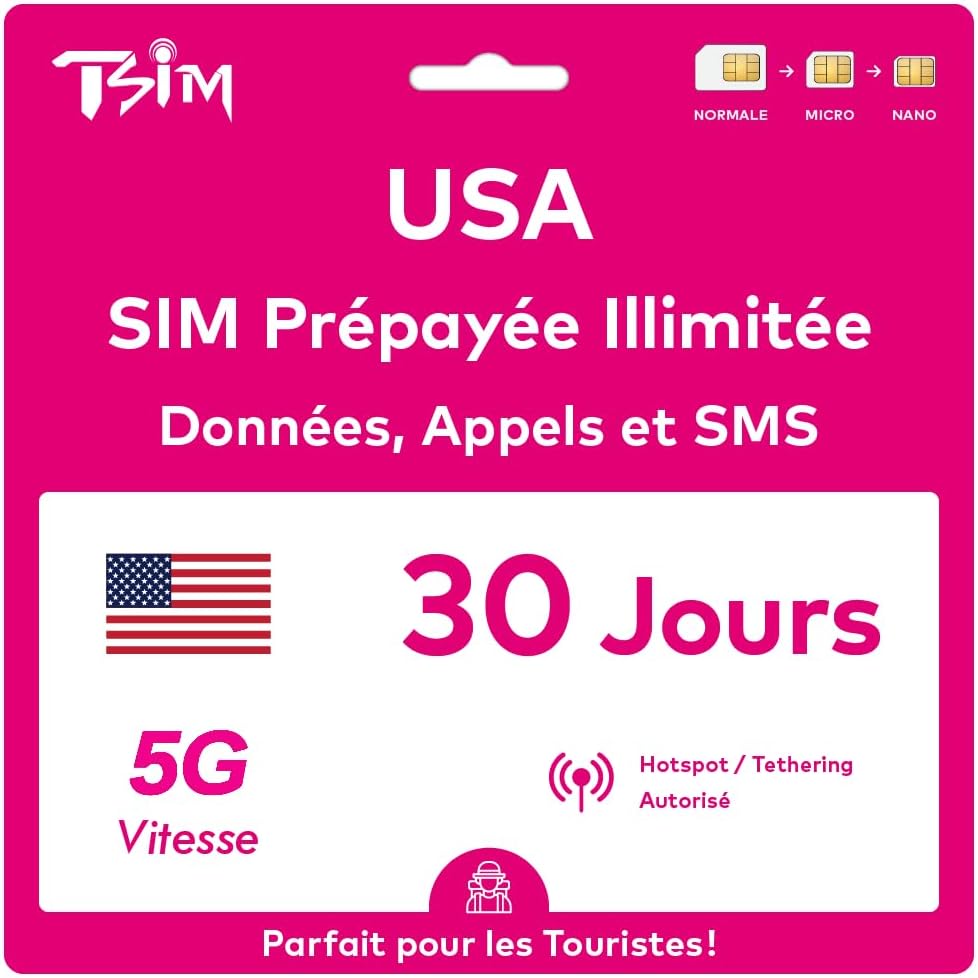 TSIM Carte SIM américaine prépayée pour Les Voyages de 30 Jours - Données illimitées 4G/5G Haute Vitesse aux États-Unis + appels locaux illimités + entrants et SMS gratuits - Carte SIM 5G améliorée 30 Day