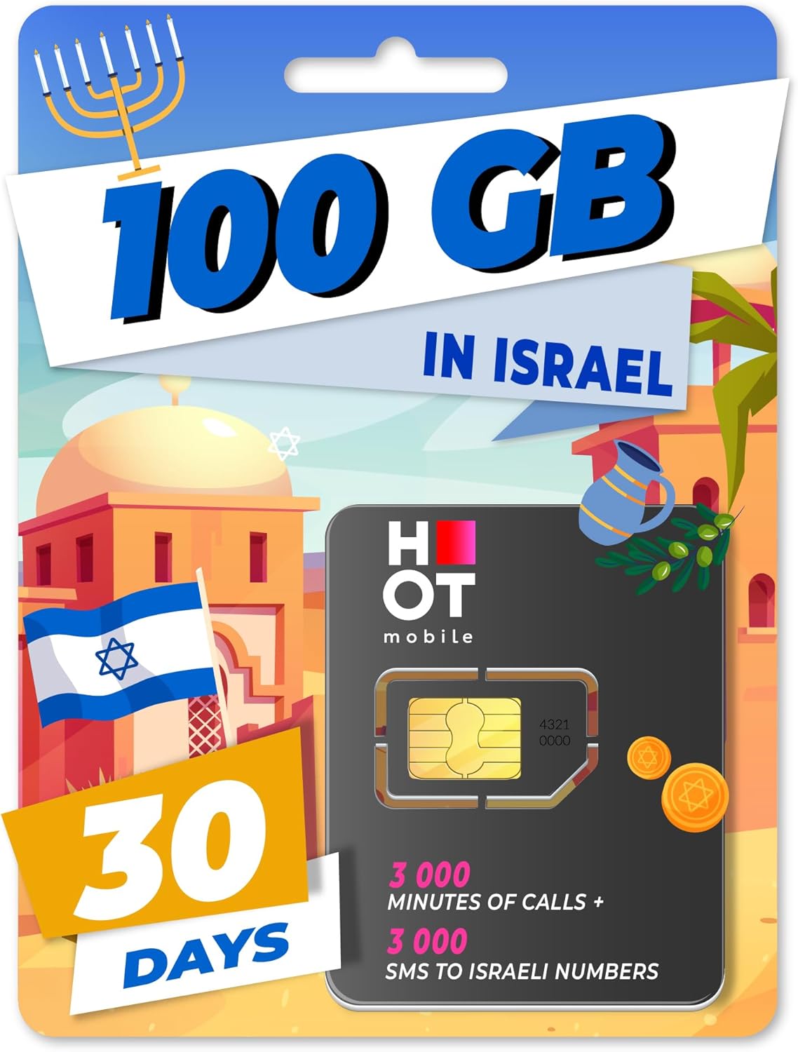 Hot Mobile - Carte SIM prépayée 100 Go en Israël, 3000 Minutes, 3000 SMS, 4G-LTE, Activation obligatoire sur Notre Portail (www marcopolomobile COM)