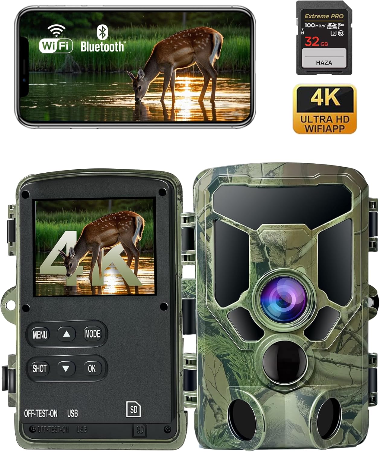 HAZA 4K Caméra de Chasse WiFi,Camera Chasse connectée Telephone,Détection de Mouvement,Vision Nocturne carte et 32 Go,Piege Photographique,Grand Angle120 °,Déclenchement 0,1s,Étanchéité IP 66,Minuteur 4K avec Hotspot