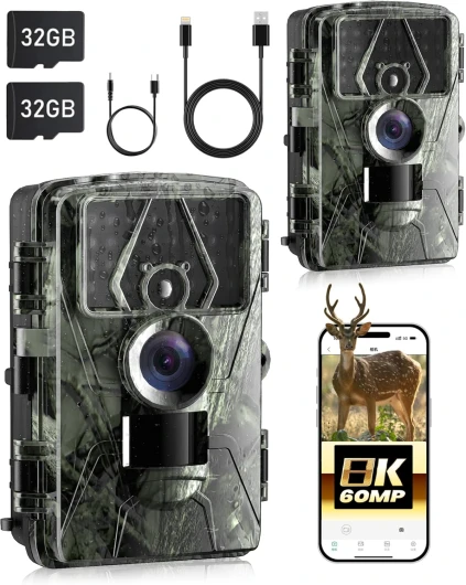 NOXOWL Camera de Chasse connectée téléphone, 8K 60MP caméra de Chasse avec Vision Nocturne, détection de Mouvement, Grand Angle 130°, Camera Chasse IP66 avec Carte SD 32 Go(Pack de 2 1 Jaspe-2p