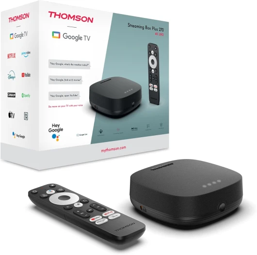 Google TV Streaming Box Plus 270, 4K UHD, Haut-Parleur intégré pour Le contrôle Vocal, Netflix, Disney+, Streaming Via Wi-FI, Google Cast, 32 GB mémoire