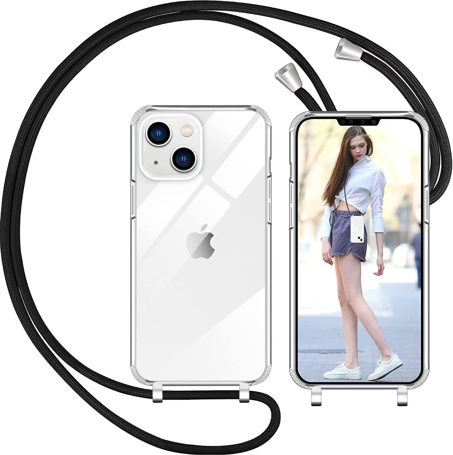 Coque avec Cordon pour iPhone 13, Transparent Coque Collier Réglable Téléphone Étui Portable Lanyard Case Protection Complète Cover de iPhone 13(6.1")