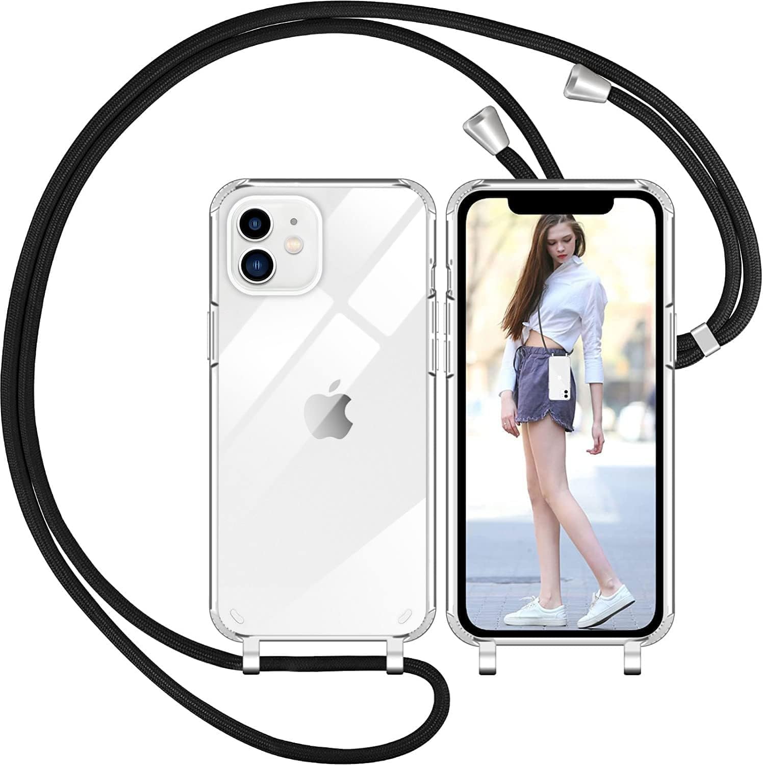 Coque avec Cordon pour iPhone 12/12 Pro, Transparent Coque Collier Réglable Téléphone Étui Portable Lanyard Case Protection Complète Cover de iPhone 12/12 Pro (Noir, 6,1") iPhone 12/12 Pro Transparente