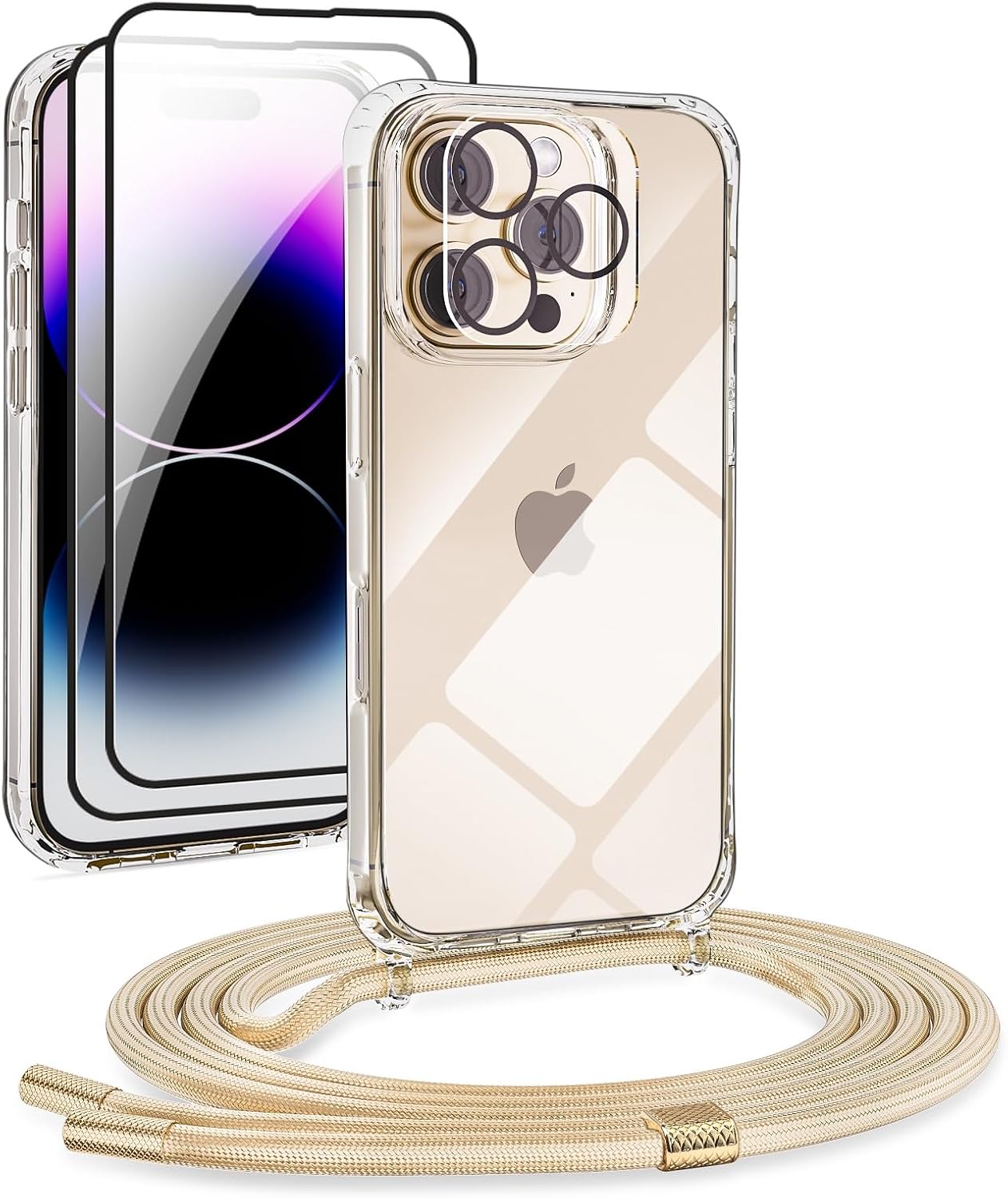 DiDaDi 5 en 1 Set Coque pour iPhone 16 Pro Max avec Cordon, Coque avec Collier Ajustable, Réglable Transparente Housse avec Cordage Lanyard Case, Cordon Telephone Portable, Doré iPhone 16 Pro Max Doré