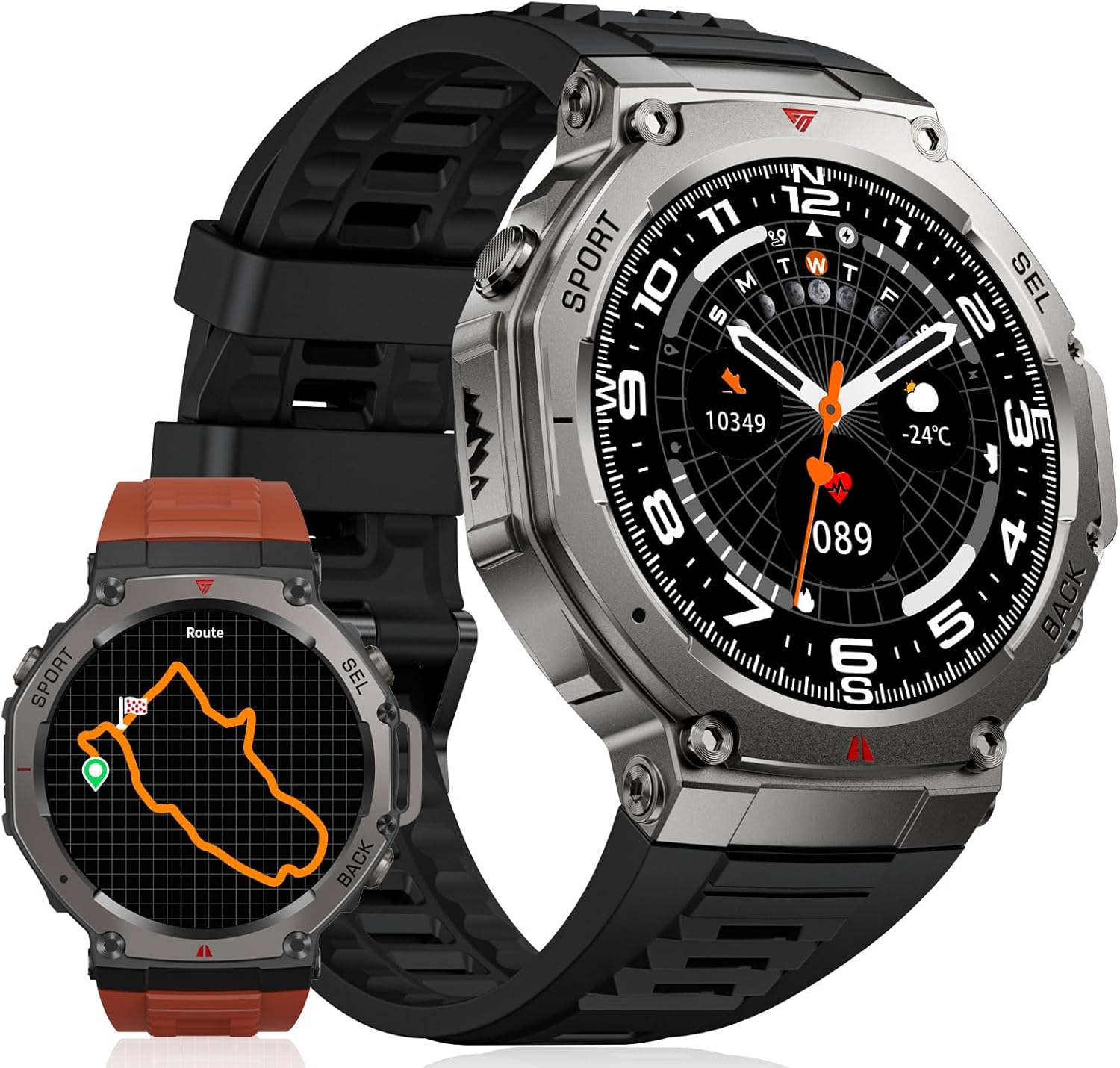 Montre Connectée Homme (Réponse/Appel), Fitness Tracker GPS 1,43" AMOLED Étanchéité 5ATM, Moniteur Sommeil Fréquence Cardiaque 530mAh Outdoor Montre Intelligente pour Android iOS Black + Red Strap