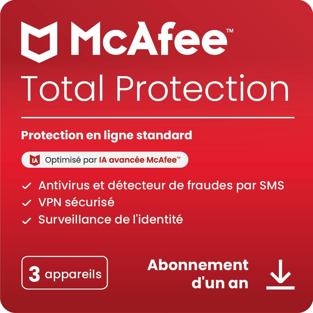 Total Protection 3 appareils 2025 -12 mois -VPN sécurisé, logiciel de sécurité avec antivirus, gestionnaire de mots de passe et surveillance de l'identité - Téléchargement Téléchargement 12 mois 3 Appareils