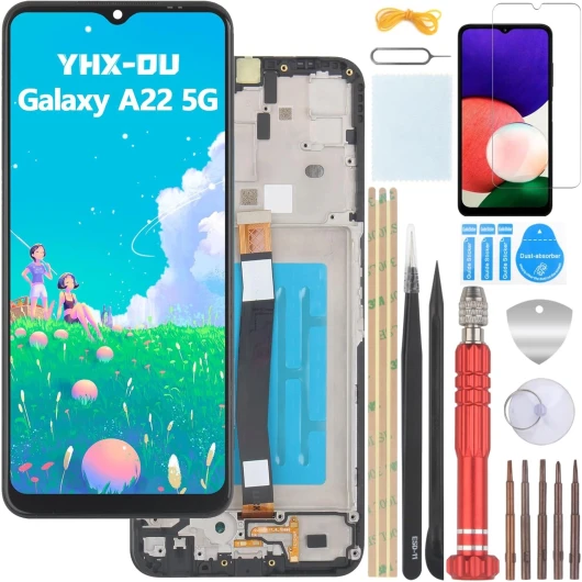 YHX-OU 6.6" Noir Écran LCD avec Châssis pour Samsung Galaxy A22 5G SM-A226B SM-A226B/DS SM-A226B/DSN Écran Complet Tactile LCD Display de Rechange avec Film de Protection D'écran et Outils Noir + Cadre