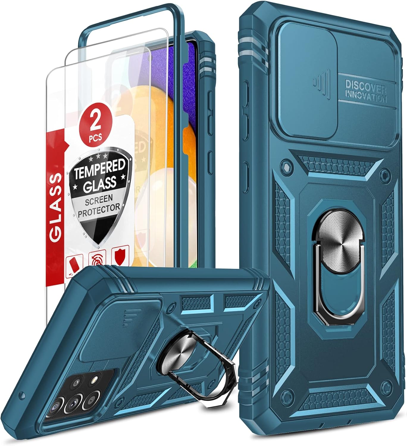 Coque pour Samsung Galaxy A52s 5G/A52 4G&5G avec 2 Verre Trempé, Anneau Support Full Body Protection de la Caméra en PC Dur Anti-Chut Renforcée Heavy Duty Antichoc Bumper Housse Etui-Bleu Bleu(Pas Oppo