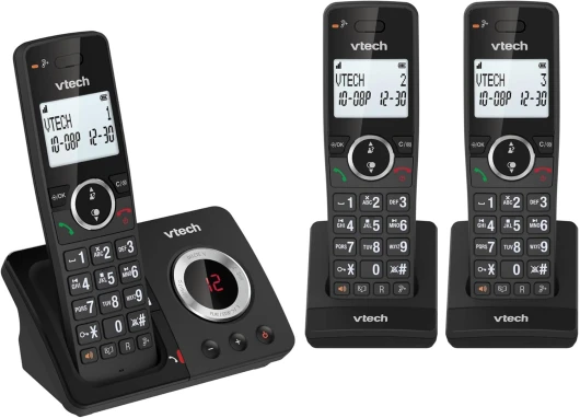 DECT Ans Fil à 3 combinés, répondeur, Blocage d'appel, rétroéclairé, conférence, 18 Heures d'autonomie, amplificateur de Volume, Haut-Parleur Mains Libres, numérotation abrégée - ES2052 3-Téléphone fixe sans fil avec répondeur
