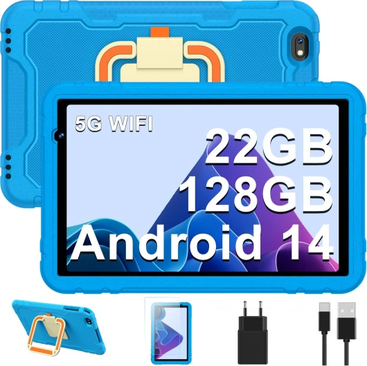Enfants 10 Pouces Android 14 Tablette avec 22GO RAM+128G0 ROM (TF 1TB), Contrôle Parental, 8000mAh, Octa-Core, Widevine L1, WiFi 6, BT 5.0, Tablette Éducative avec Kid-Proof Étui- Bleu blue2
